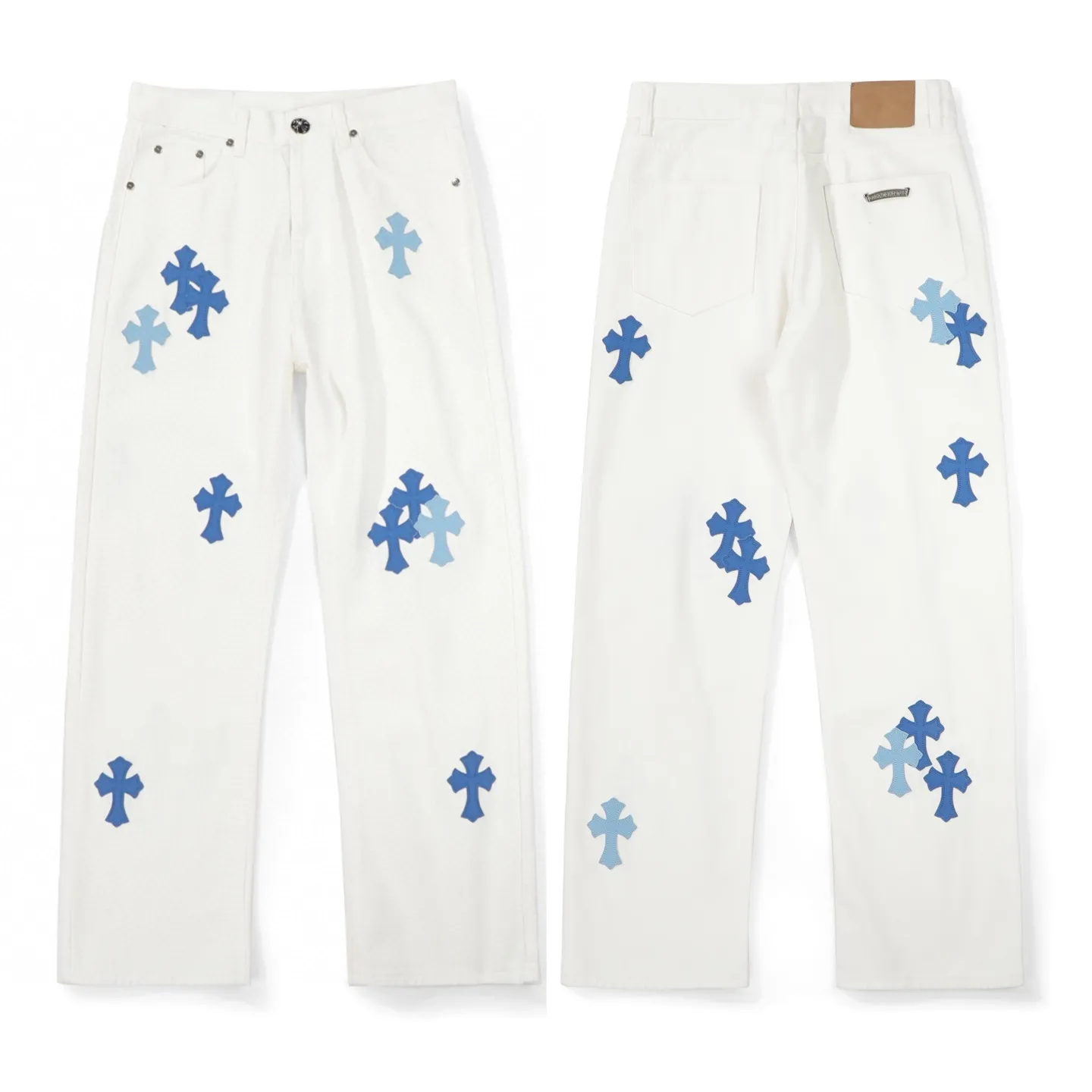 P230 💰 (Top version) Chrome Hearts/Chrome Hearts Classic white and blue series colored leather cross washed color fabric unisex denim trousers Vibe style straight stacked god-level version Carbon fine bias denim color cloth Old vintage full set of hardware - Chrome Hearts white cow series The high version uses high-ounce customized fabrics, fermentation washing and soft color fixation, soft and thick to wear, the details are all made by hand-polished craftsmanship, all-over printed jacquard fabric Unique design style. Through multiple processes to create a full retro feel. Unique niche non-contrast shirt. Customized distressed spray-painted buttons. Craftsmanship in every detail. Color: white and blue. Size: 28-30-32-34 (corresponding to S-M-L-XL)